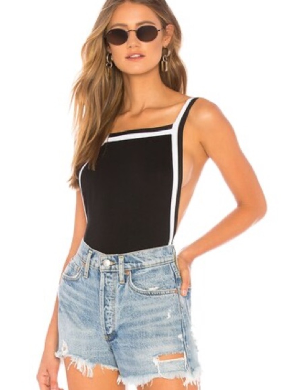 superdown Black Tank Bodysuit with White Contrast Trim